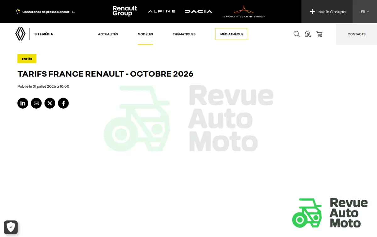 Capture : Tarifs France Renault – octobre 2026 - Site media global de Renault